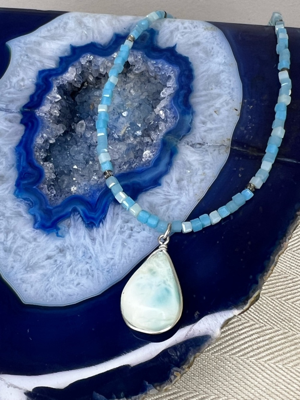LARIMAR Stone Turquoise Color Beaded Necklace with Pear Drop Pendant - Unbranded